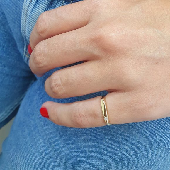 Minimalist Thin Real Diamond Pinky Ring Solid 14k Yellow Gold Round 0.02 Carat - Picture 4 of 8